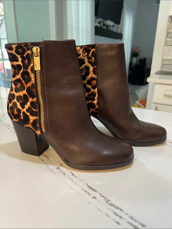 Michael Kors Shoes - Michael Kors Brown Leather Ankle Boots with Leopard-Print Heel Panel size W 7.5